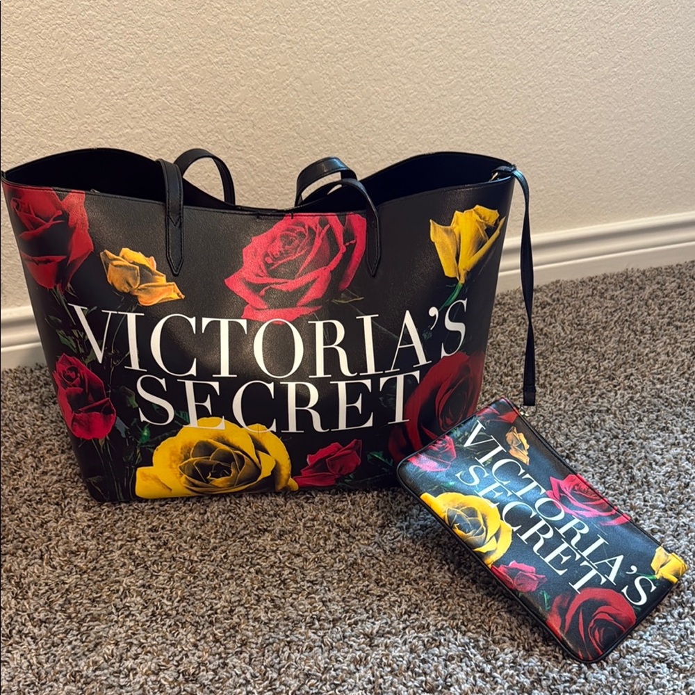 Victoria's Secret Black Floral Tote and Pouch Set